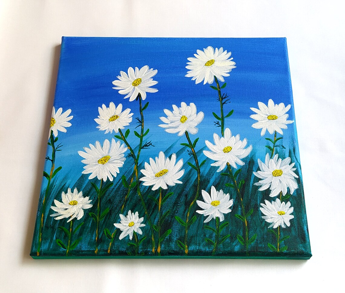 White Daisy Flowers Blue Sky Meadow Floral Painting Botanical Wall Art - Image 2