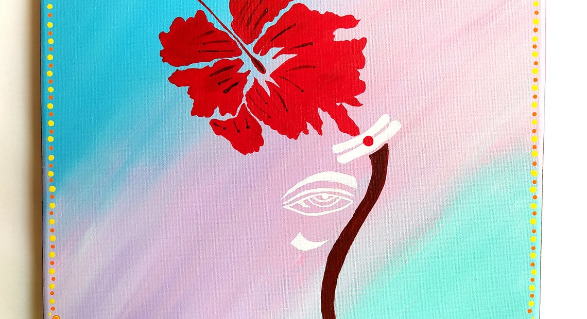 Lord Ganesha Red Hibiscus Flower Blue Pink Spiritual Painting Print - Image 3