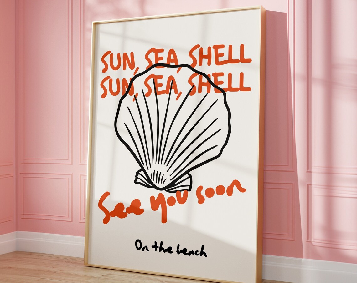 Sun Sea Shell Seashell Line Art Beach Coastal Typography Art Poster