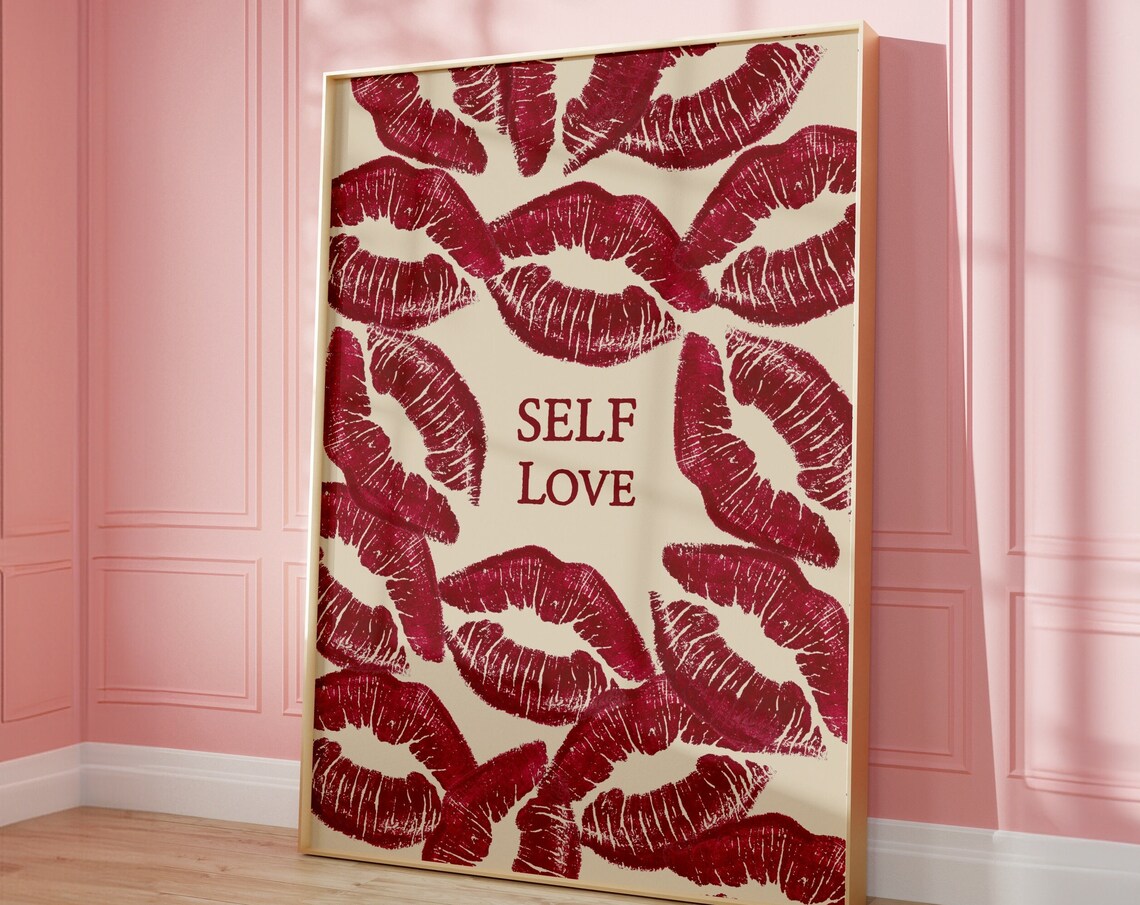 Self Love Red Lipstick Kiss Marks Retro Makeup Pattern Wall Art