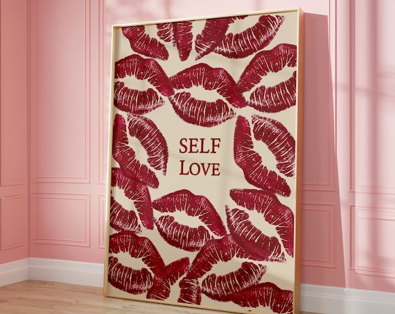 Self Love Red Lipstick Kiss Marks Retro Makeup Pattern Wall Art