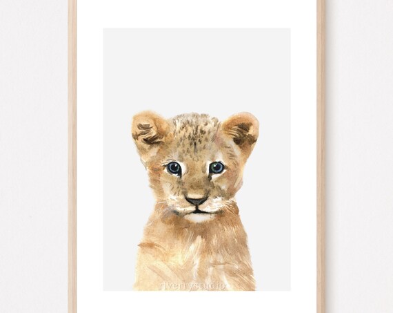 Watercolor Lion Cub Nursery Art Print, Baby Animal