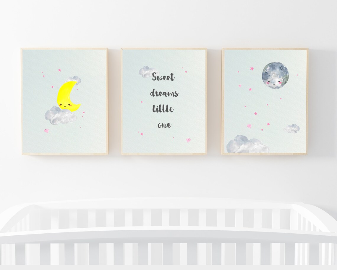 Moon Nursery Moon Nursery Decor Stars Prints Sweet Dreams Art Clouds Wall Art For Baby Girl Little Girl Room Decor Kids Playroom Decor - Image 2