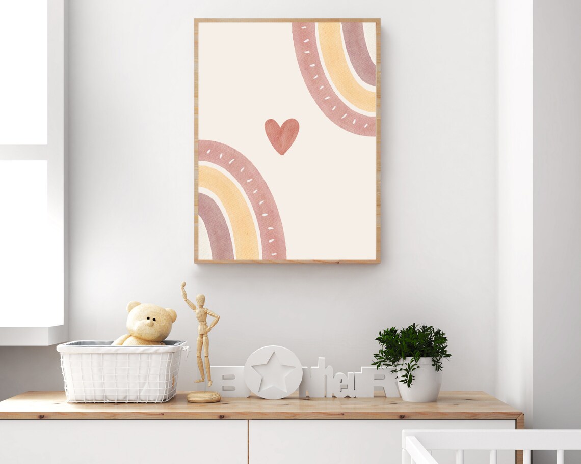 Pink Rainbow Print Baby Girl Nursery Wall Decor Kids Room Art Boho Heart Artwork Playroom Poster Blush Gold Toddler Picture - Image 4