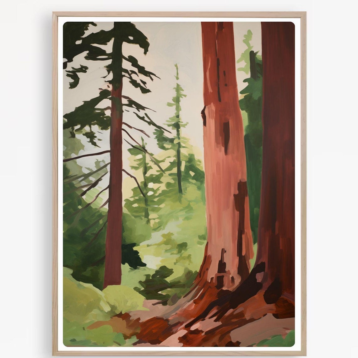 Tall Redwood Tree Trunks Green Forest Path Woodland Painting Poster - Image 4