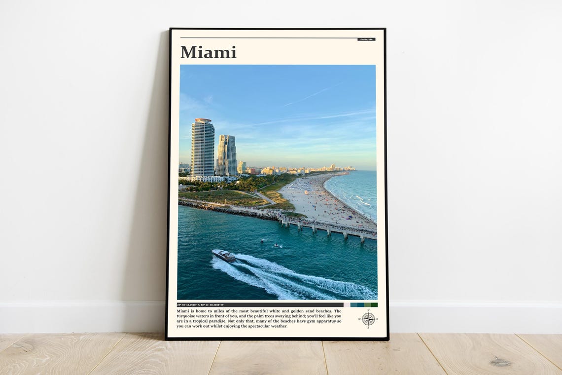 Miami Florida Aerial Skyline Pier Speedboat Bay View Travel Poster
