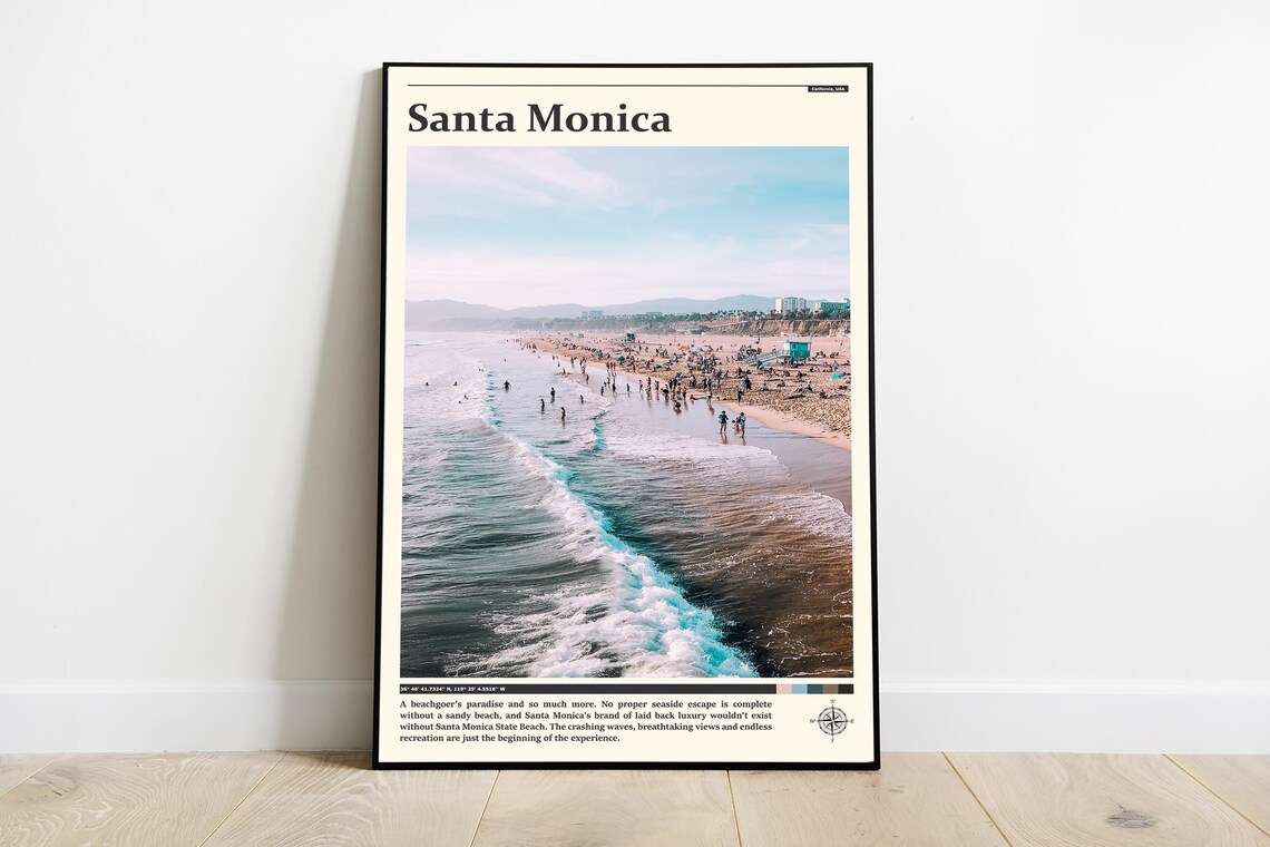 Santa Monica California Crowded Beach Turquoise Waves Photography Poster