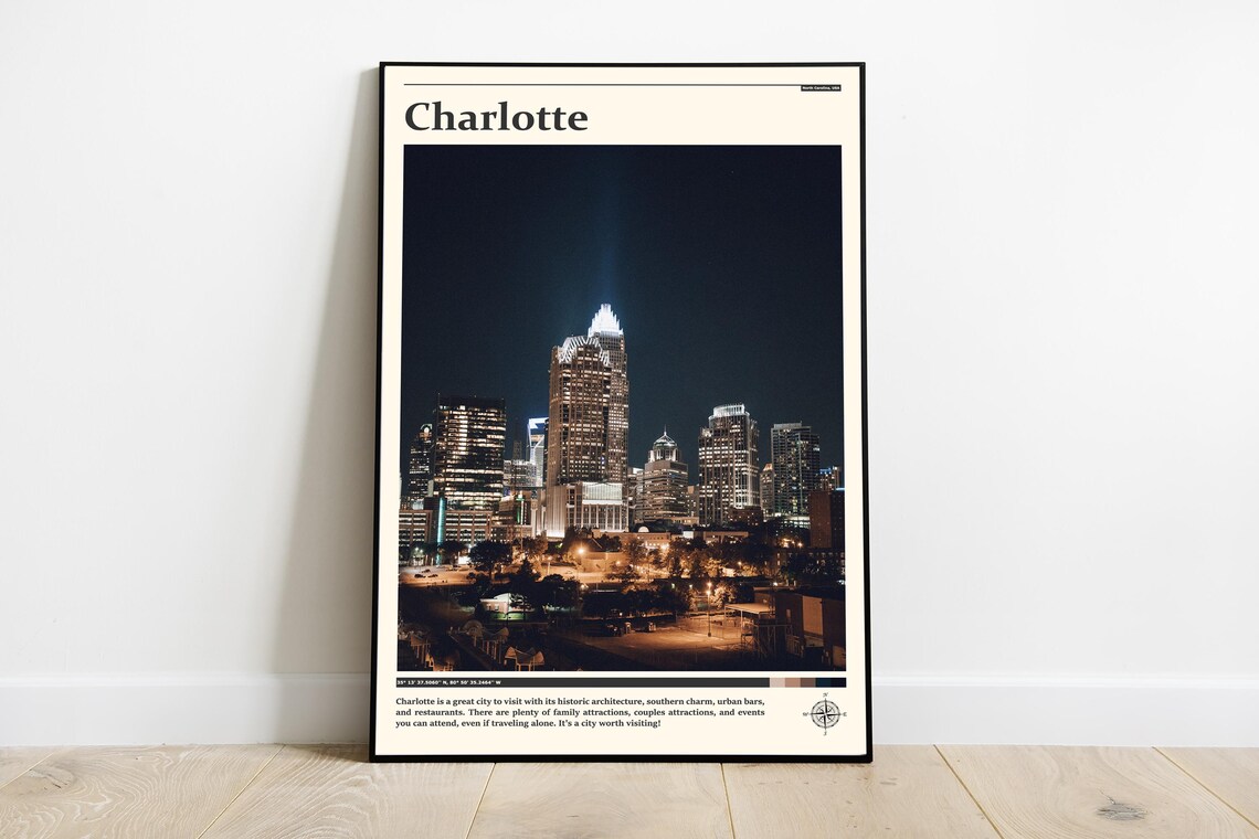 Charlotte North Carolina Night Skyline Uptown City Lights Poster