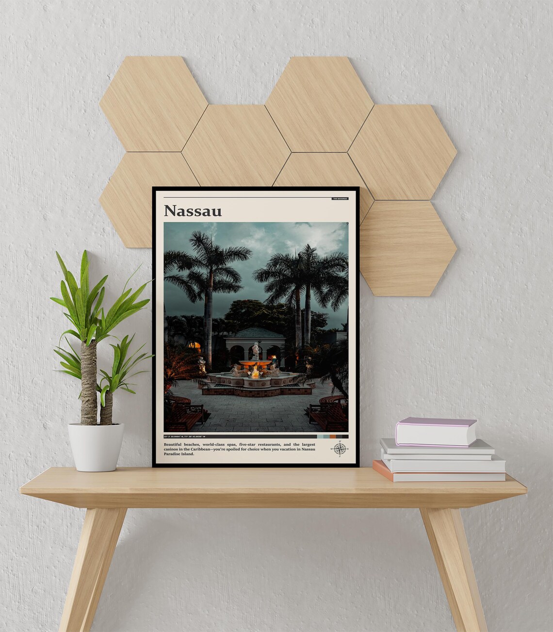 Nassau Bahamas Night Courtyard Fountain Palm Lights Photography Poster - Image 3