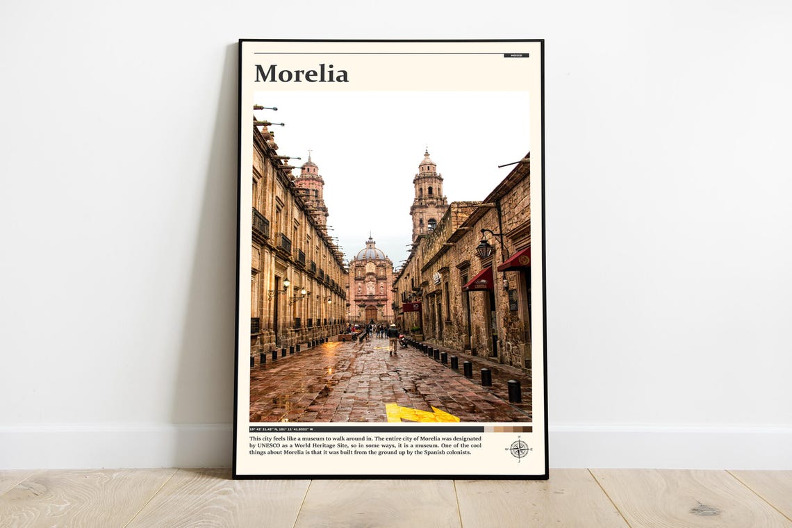 Morelia Mexico Pink Cathedral Cobblestone Street Travel Poster