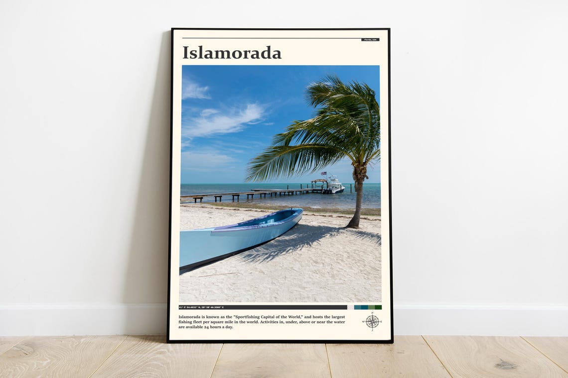 Islamorada Florida Keys Palm Boat Pier Sandy Shore Travel Poster