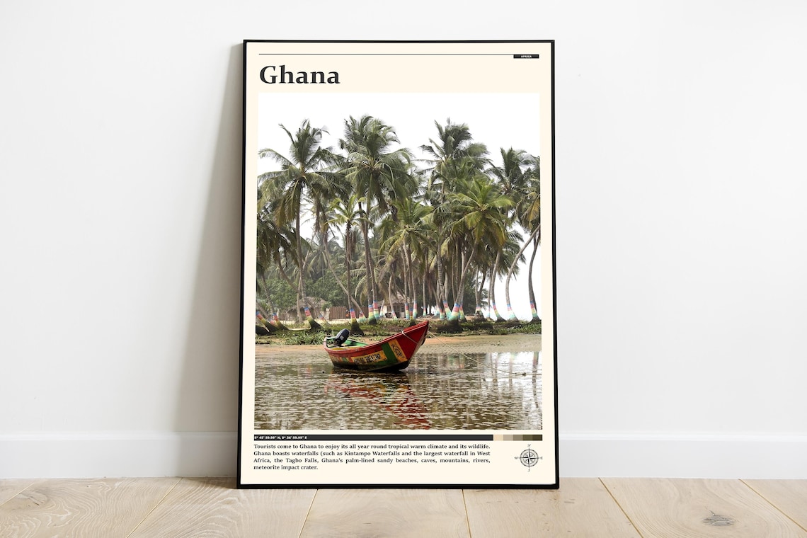 Ghana Red Fishing Boat Palm Beach West Africa Tropical Travel Poster