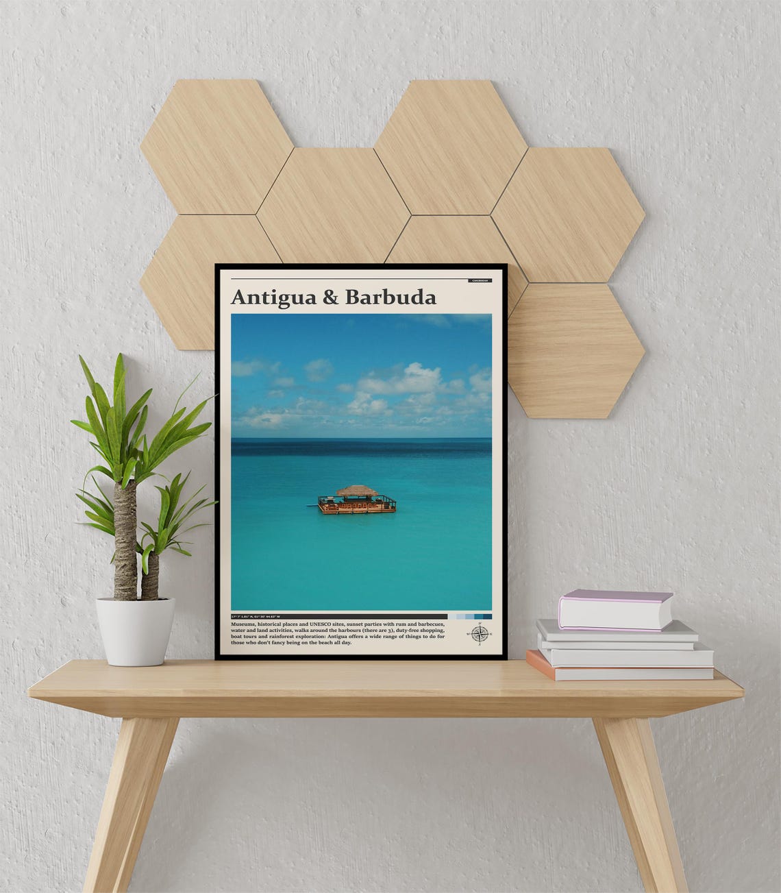 Antigua and Barbuda Floating Tiki Bar Turquoise Sea Photography Poster - Image 3