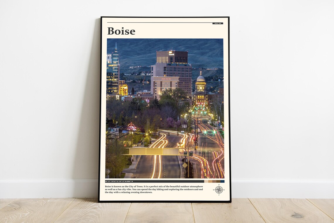 Boise Idaho Night Skyline Golden Capitol Dome Light Trails Poster