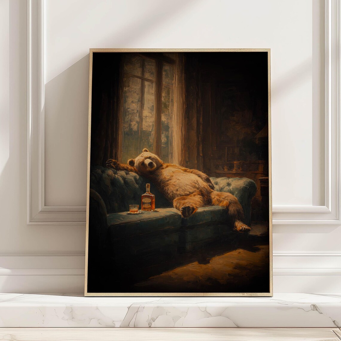 Cozy Bear With Whiskey, Rustic Cabin Bar Art Print