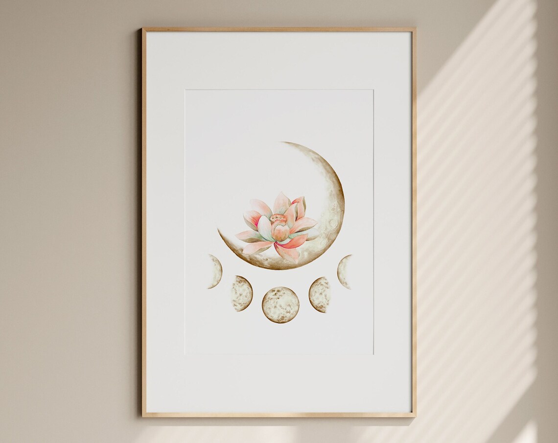 Pink Lotus On Crescent Moon With Moon Phases Spiritual Wall Art