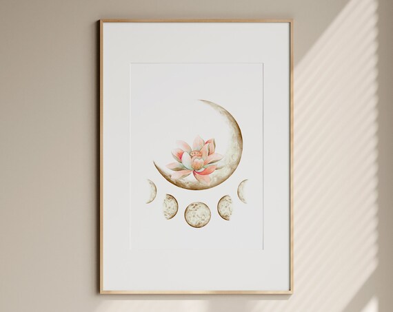 Pink Lotus On Crescent Moon With Moon Phases Spiritual Wall Art