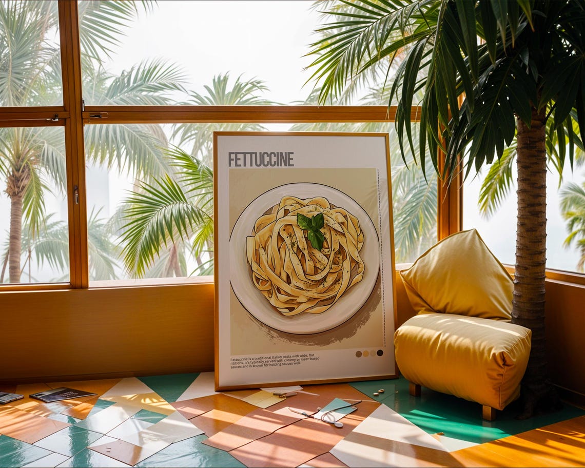 Fettuccine Pasta Bowl Basil Italian Cuisine Illustrated Poster - Image 3