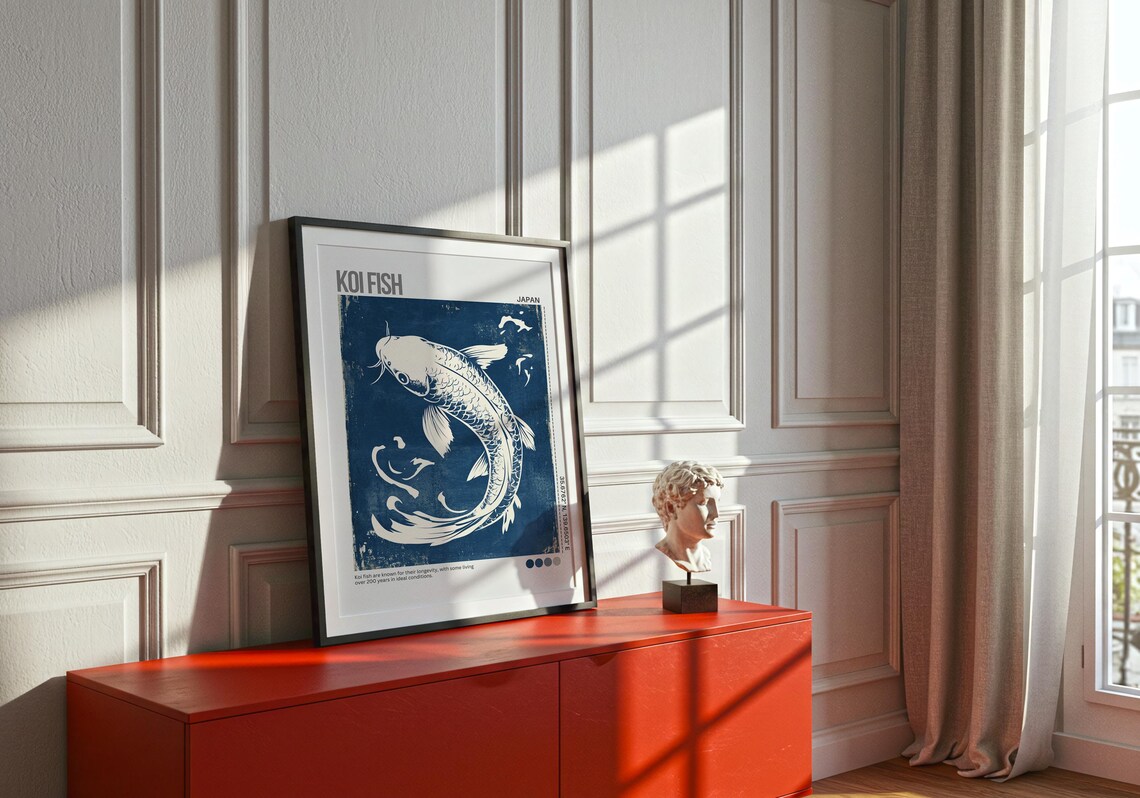 Koi Fish Japan Blue Woodblock Pond Indigo Calm Nature Poster - Image 4