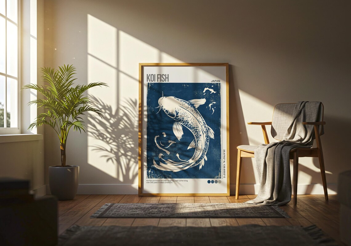Koi Fish Japan Blue Woodblock Pond Indigo Calm Nature Poster - Image 3