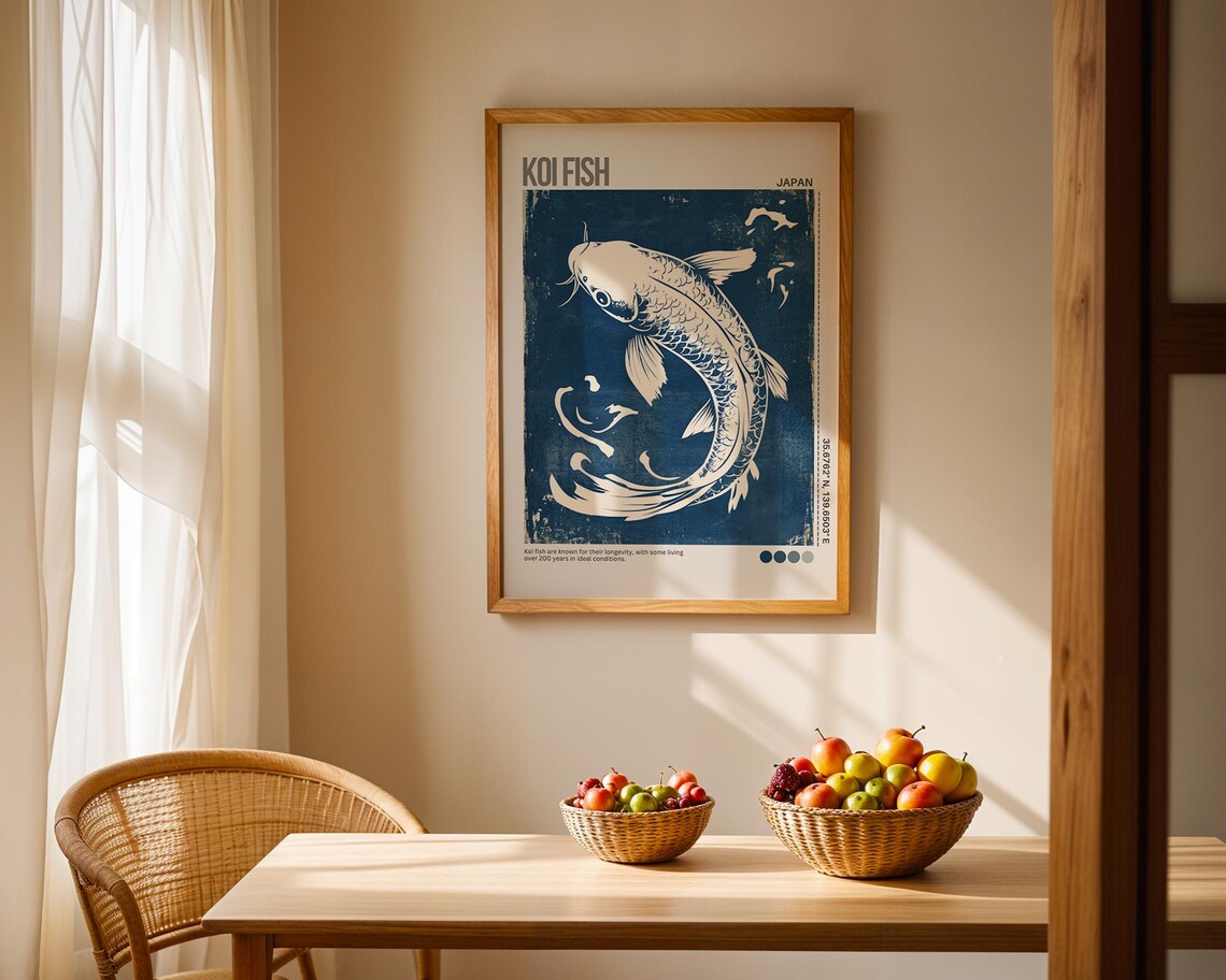 Koi Fish Japan Blue Woodblock Pond Indigo Calm Nature Poster - Image 6