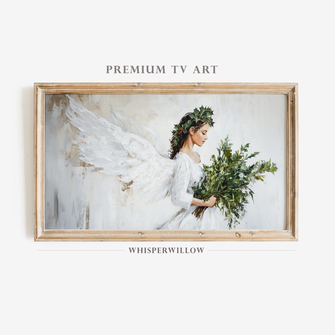 Christmas Angel with Holly Crown Holding Greenery Painting Poster