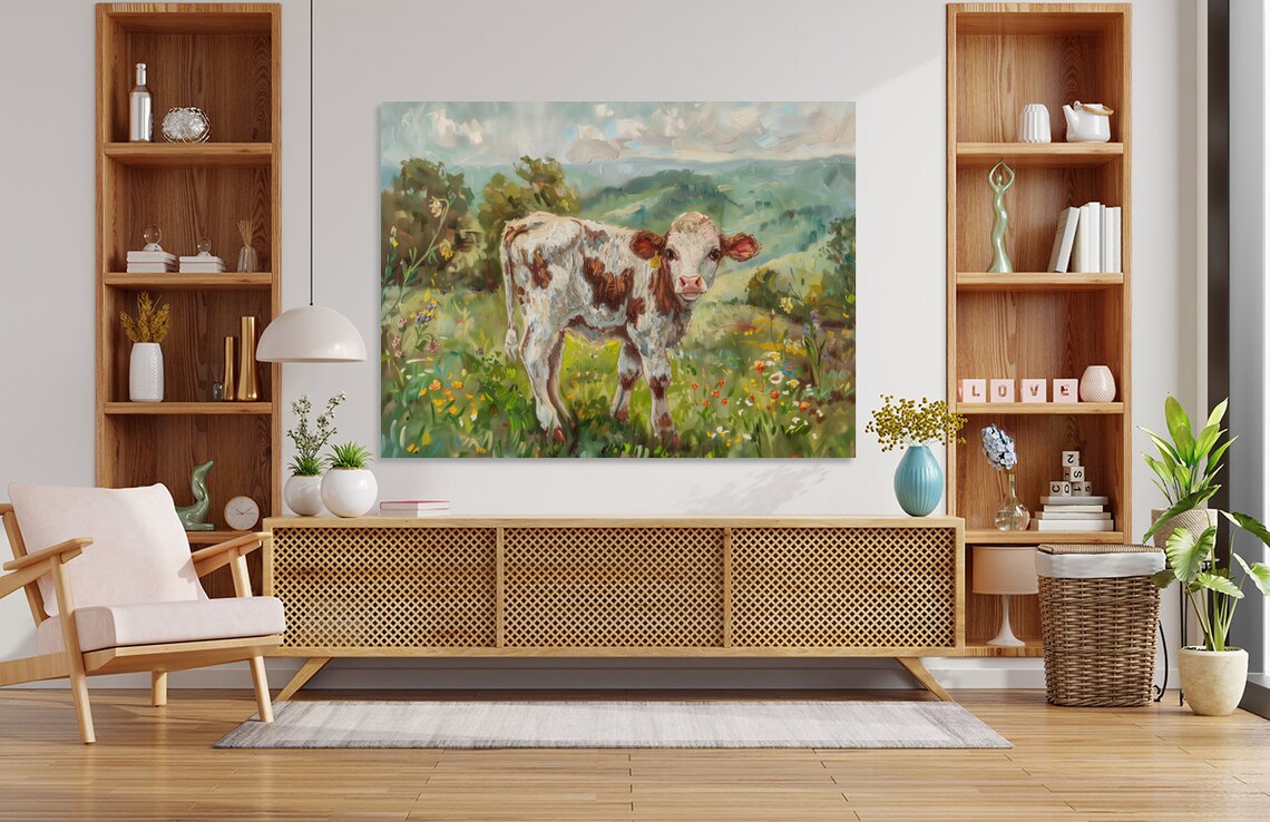 Sweet Brown and White Calf in a Flower Meadow Painterly Poster - Image 2