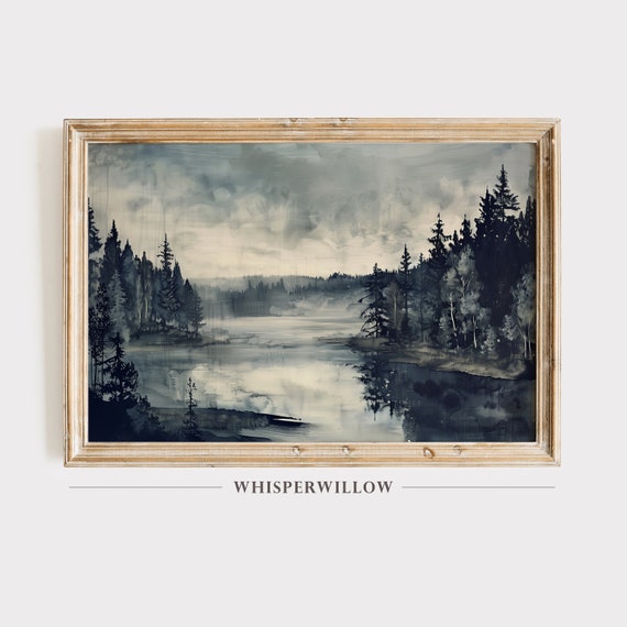 Moody Tree Valley Lake Painting Nature Landscape Art Outdoor Theme Wall Decor Instant Print