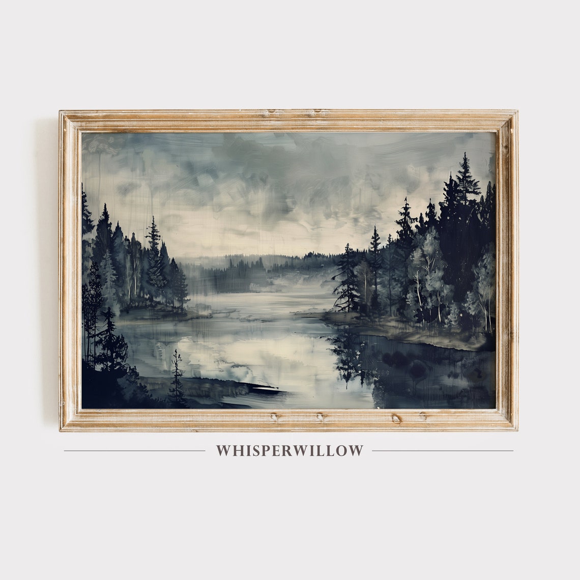 Misty Forest Lake Pine Trees Gray Fog Moody Nature Art Poster