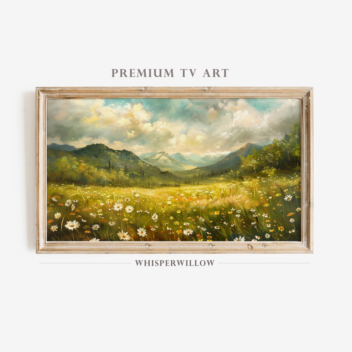 Wild Daisy Meadow Mountain Landscape Golden Vintage Oil Poster