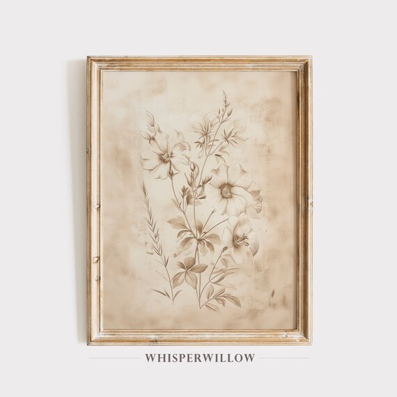 Sepia Vintage Wildflower Botanical Sketch Antique Floral Art Poster