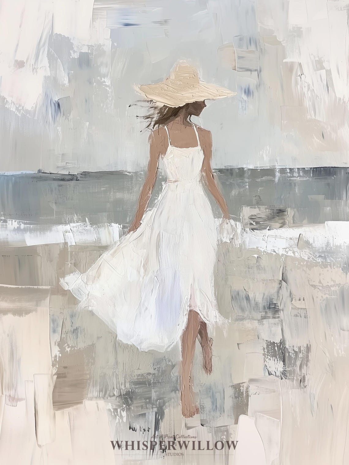 Woman in White Dress and Straw Hat on a Windy Beach Walk Poster - Image 6