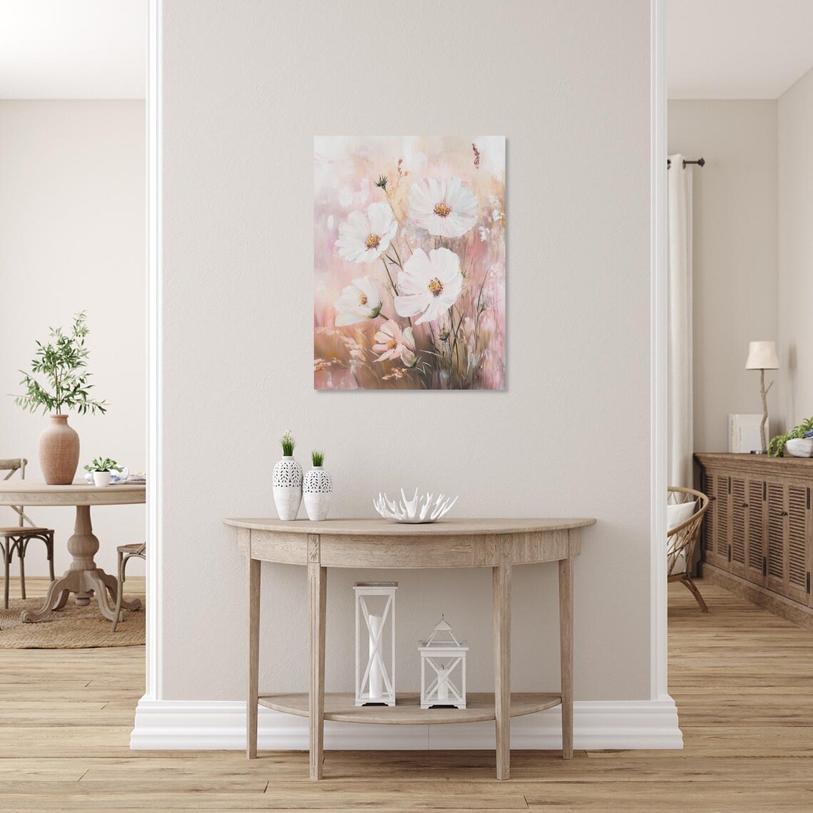 Soft White Cosmos Flowers on Blush Pink Floral Painting Poster - Image 4