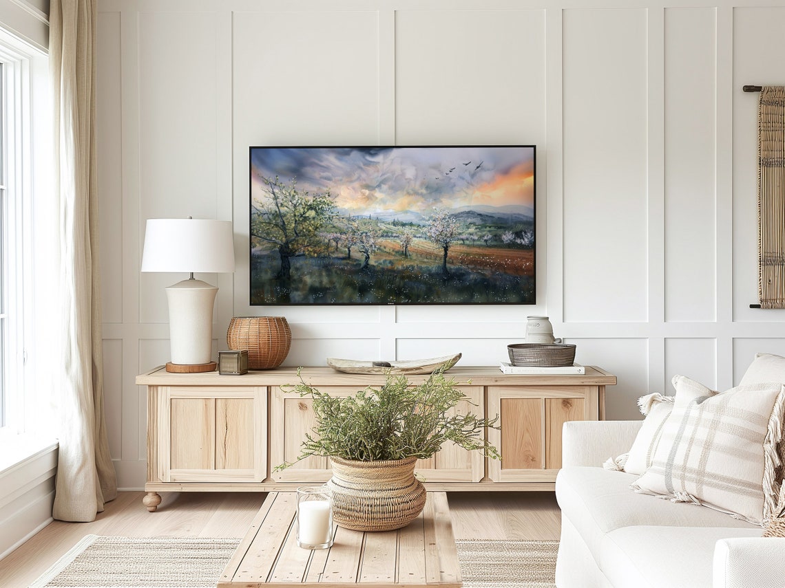 Blossoming Vineyard Sunset Watercolor Spring Orchard Hills Poster - Image 4