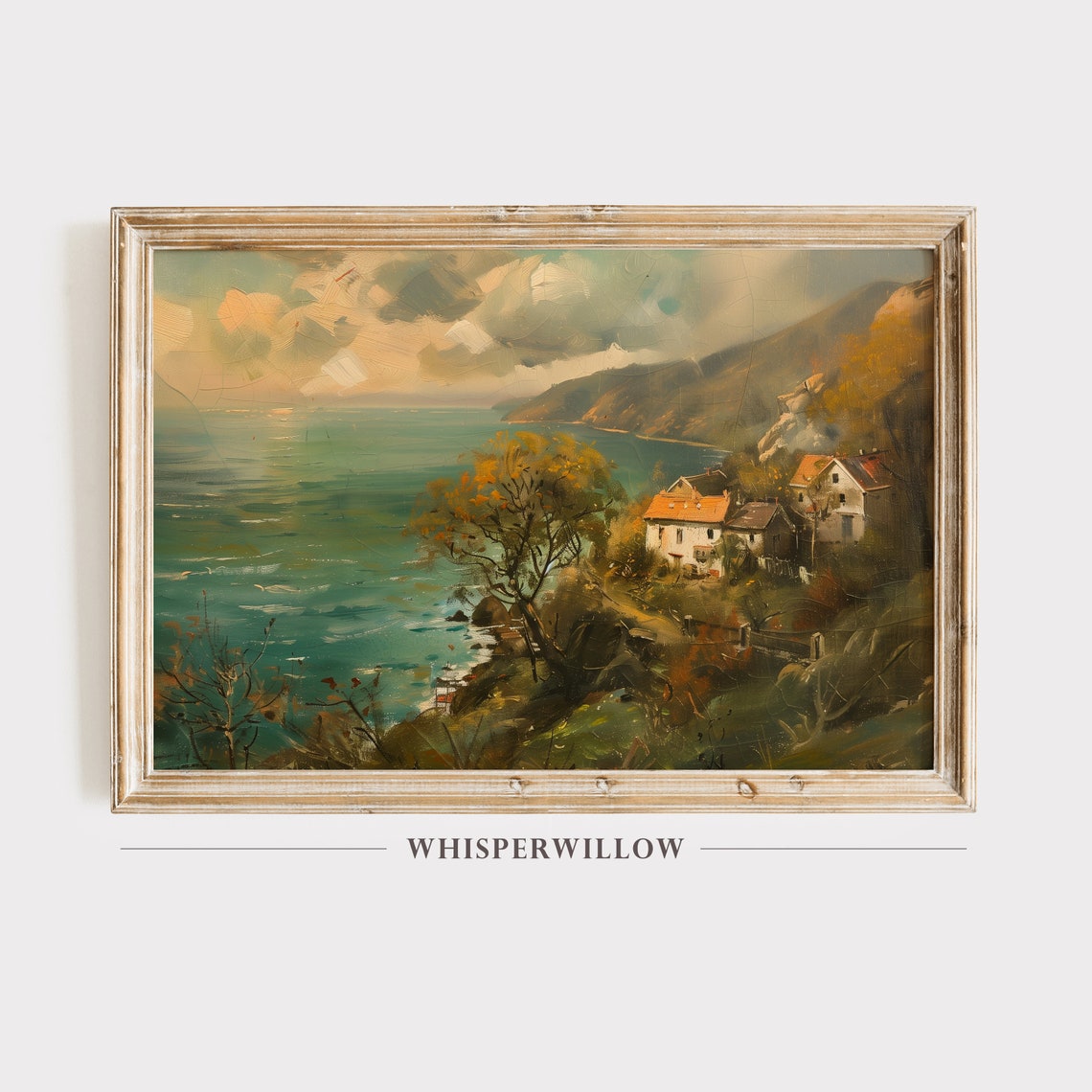 Sunset Over Mediterranean Seaside Village Vintage Oil Painting Poster