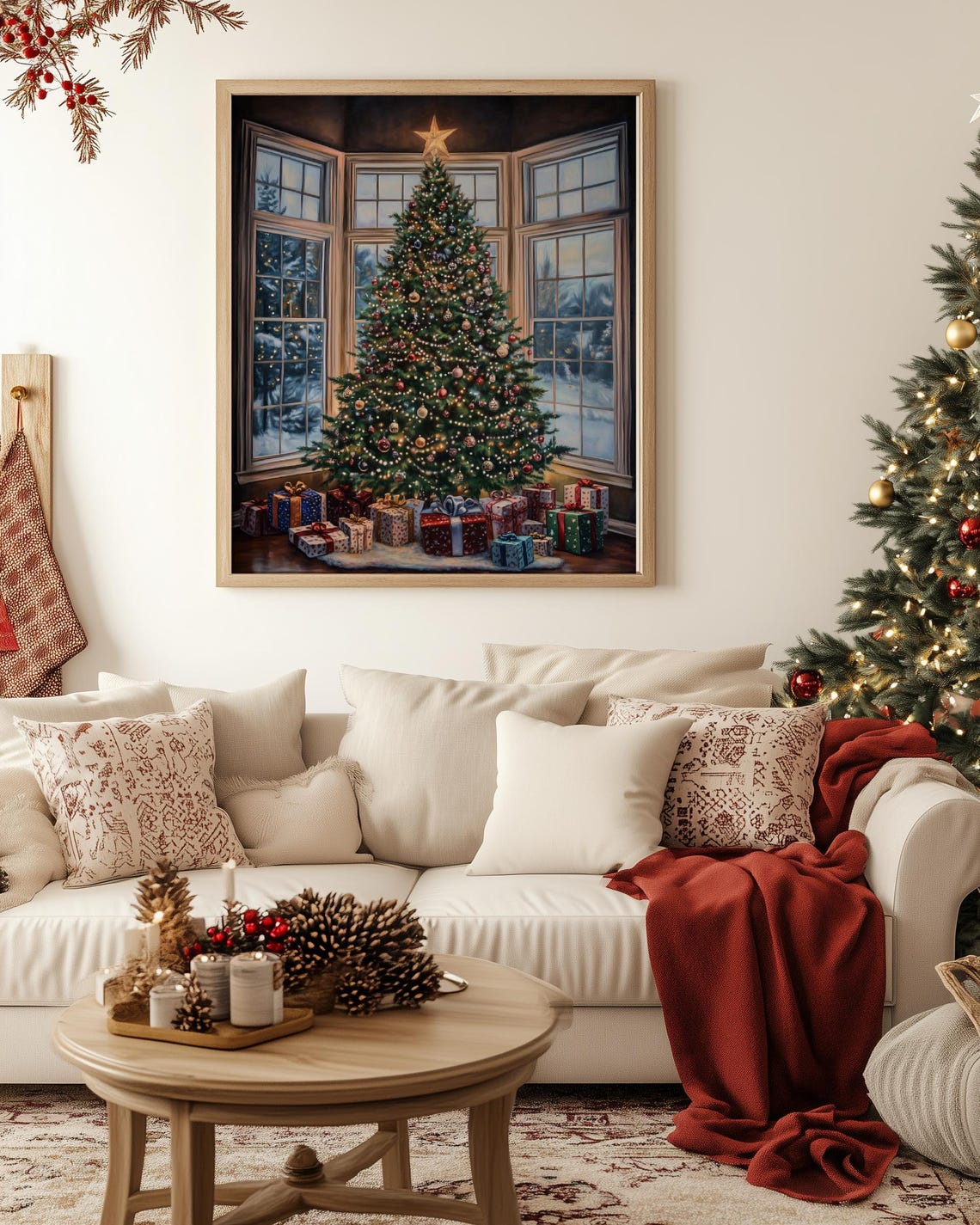 Decorated Christmas Tree with Presents by Bay Windows at Night Poster - Image 2