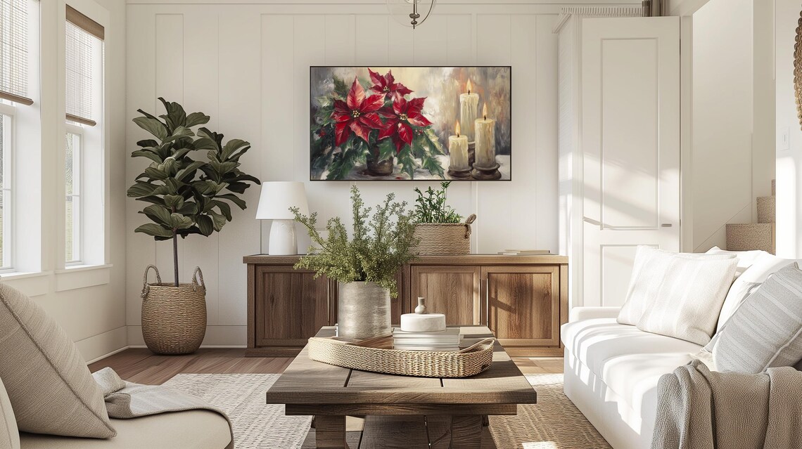 Festive Poinsettia with Glowing Candles Christmas Still Life Poster - Image 3