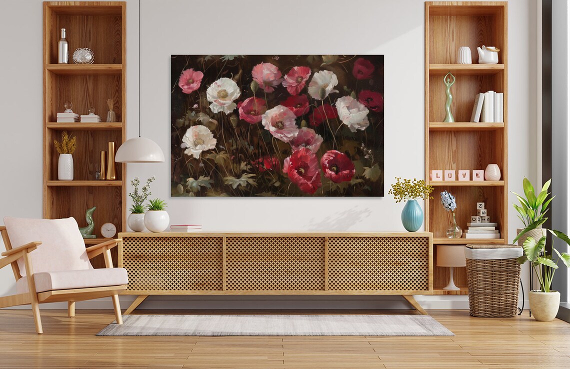 Pink Red And White Poppies On Dark Moody Floral Oil Painting Poster - Image 4