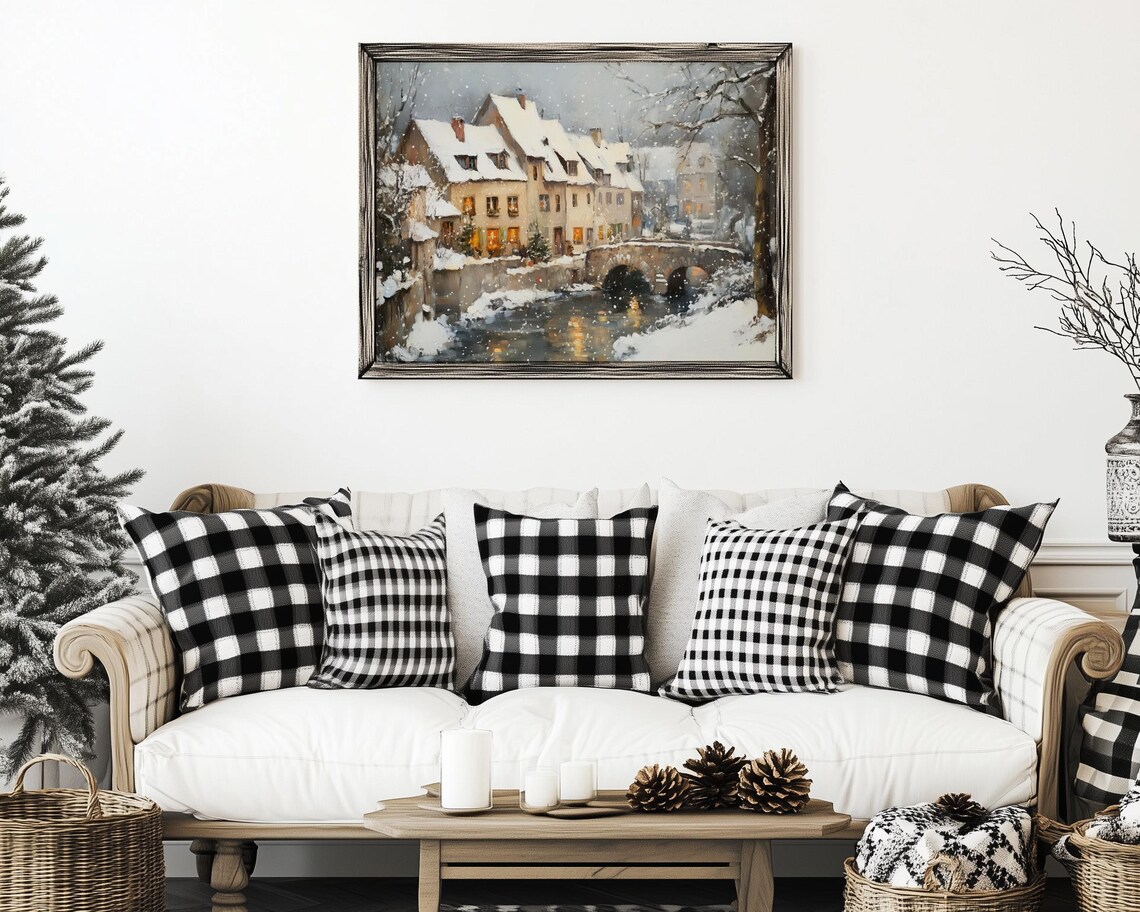 Snowy River Village Stone Bridge Winter Snowfall Rooftops Painting Poster - Image 3