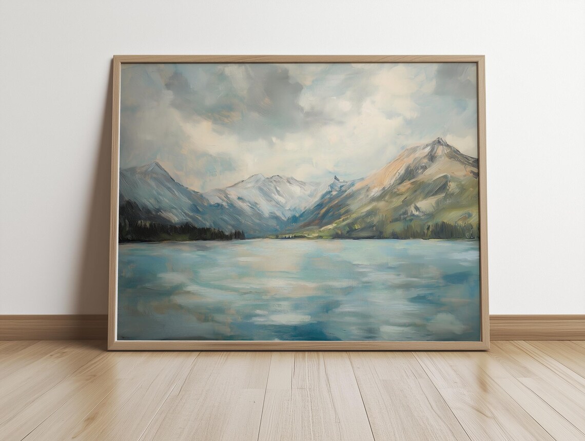Snow Capped Mountains Over a Calm Blue Lake Painting Art Poster - Image 5