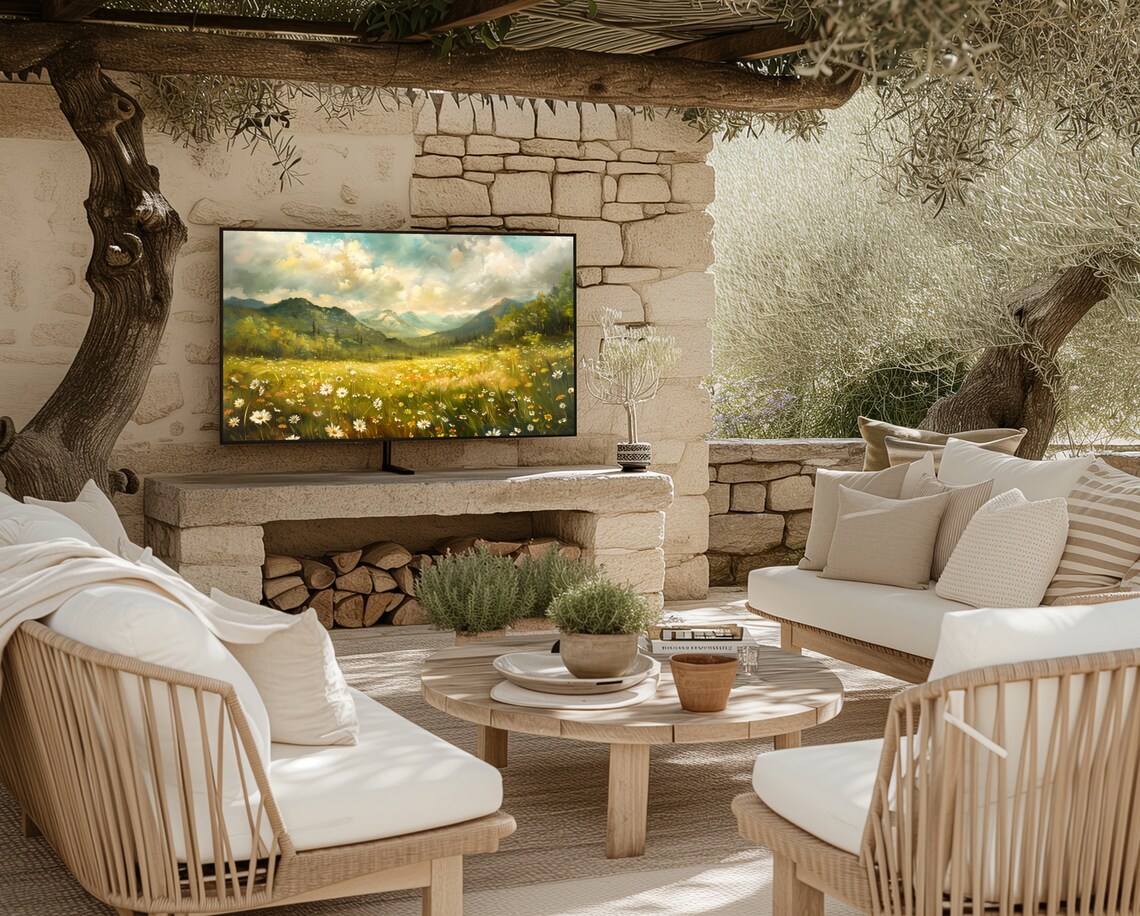 Wild Daisy Meadow Mountain Landscape Golden Vintage Oil Poster - Image 4