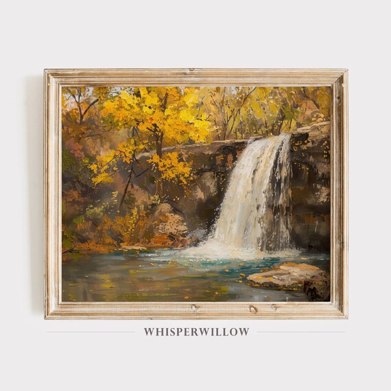 Autumn Waterfall Golden Fall Foliage Impasto Forest Landscape Poster