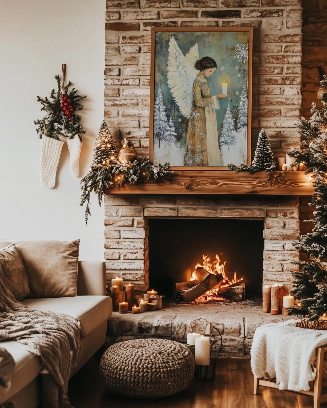 Winter Holiday Angel Candle Snowy Pines Snowflakes Peaceful Wall Art - Image 3
