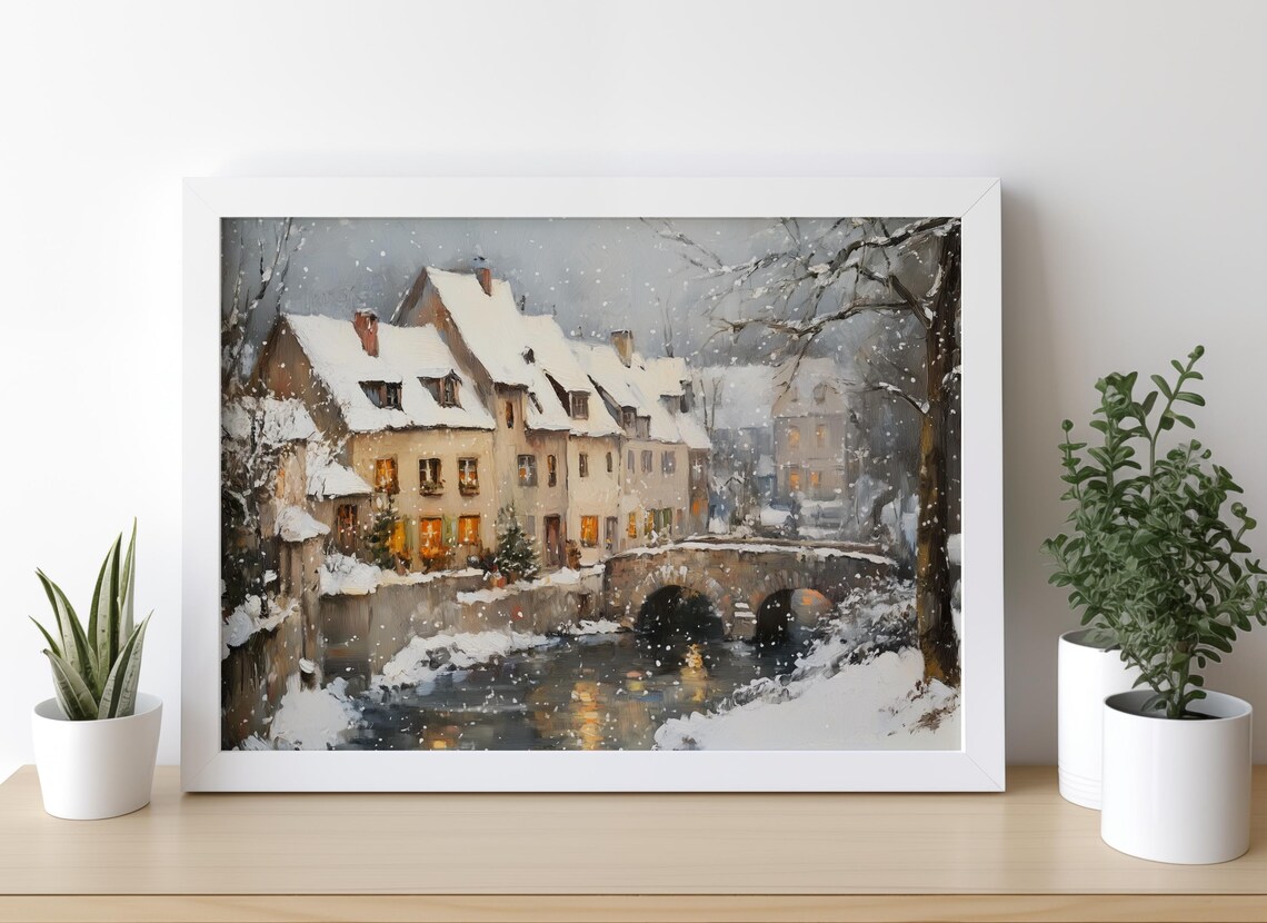 Snowy River Village Stone Bridge Winter Snowfall Rooftops Painting Poster - Image 5