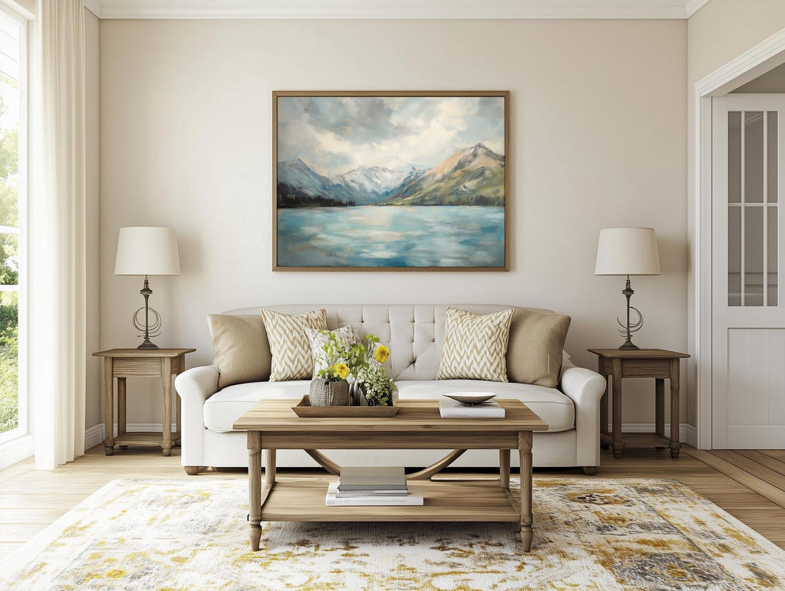 Snow Capped Mountains Over a Calm Blue Lake Painting Art Poster - Image 4