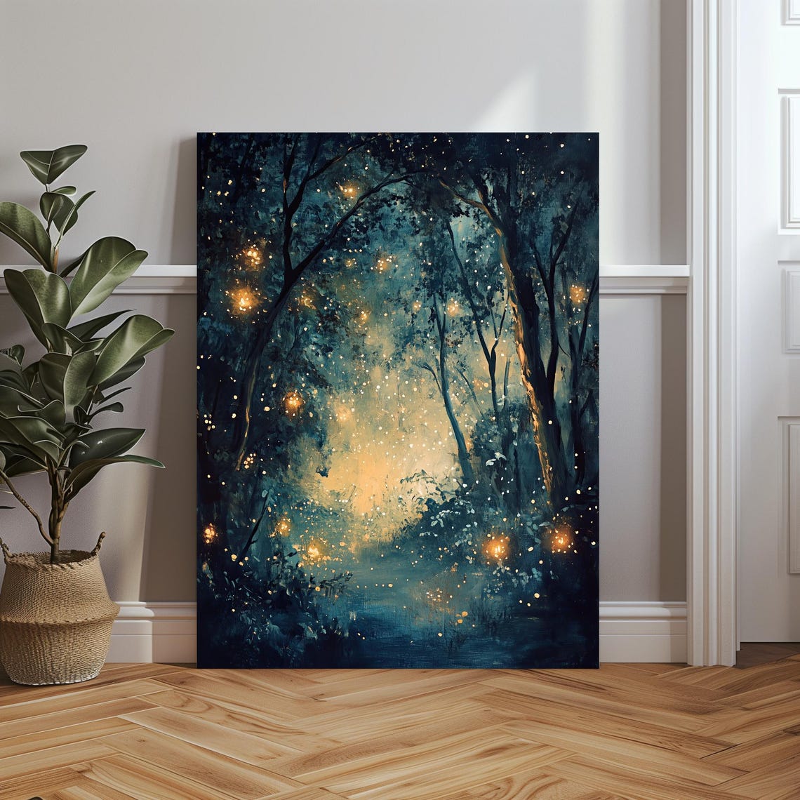 Magical Night Forest with Glowing Fireflies Teal Painting Poster - Image 5