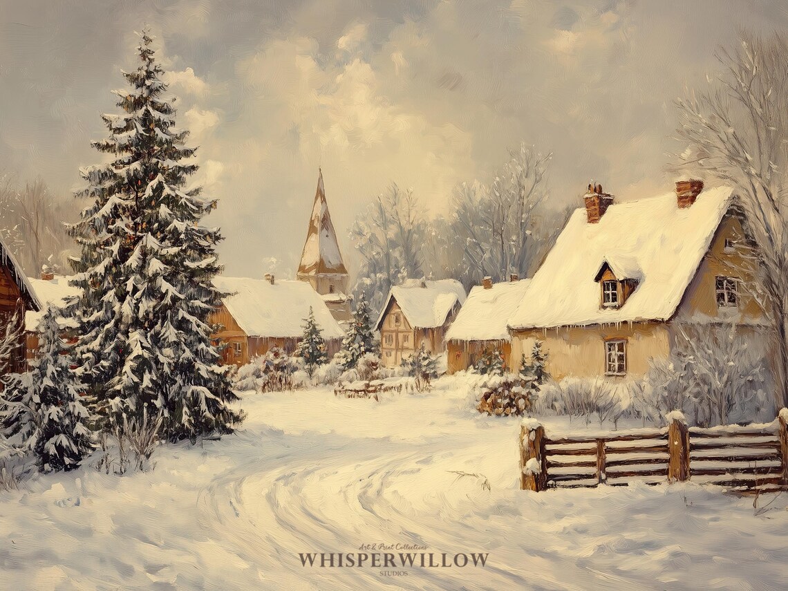 Snowy Winter Village with Church Steeple Oil Painting Poster - Image 6