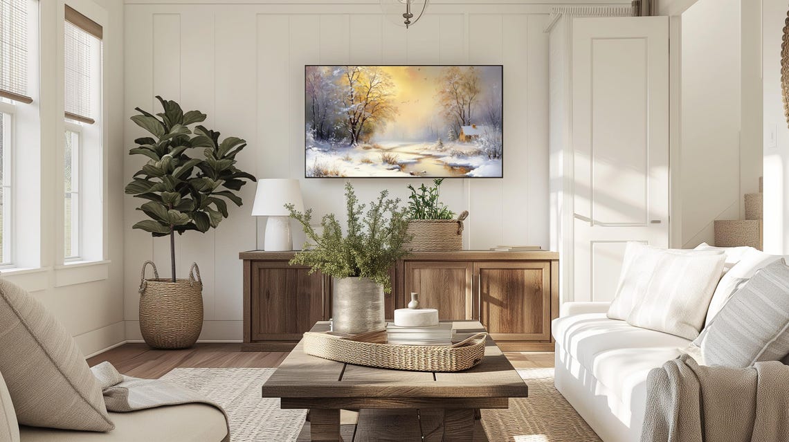 Golden Sunset Over Snowy Winter Stream and Cabin Vintage Poster - Image 4