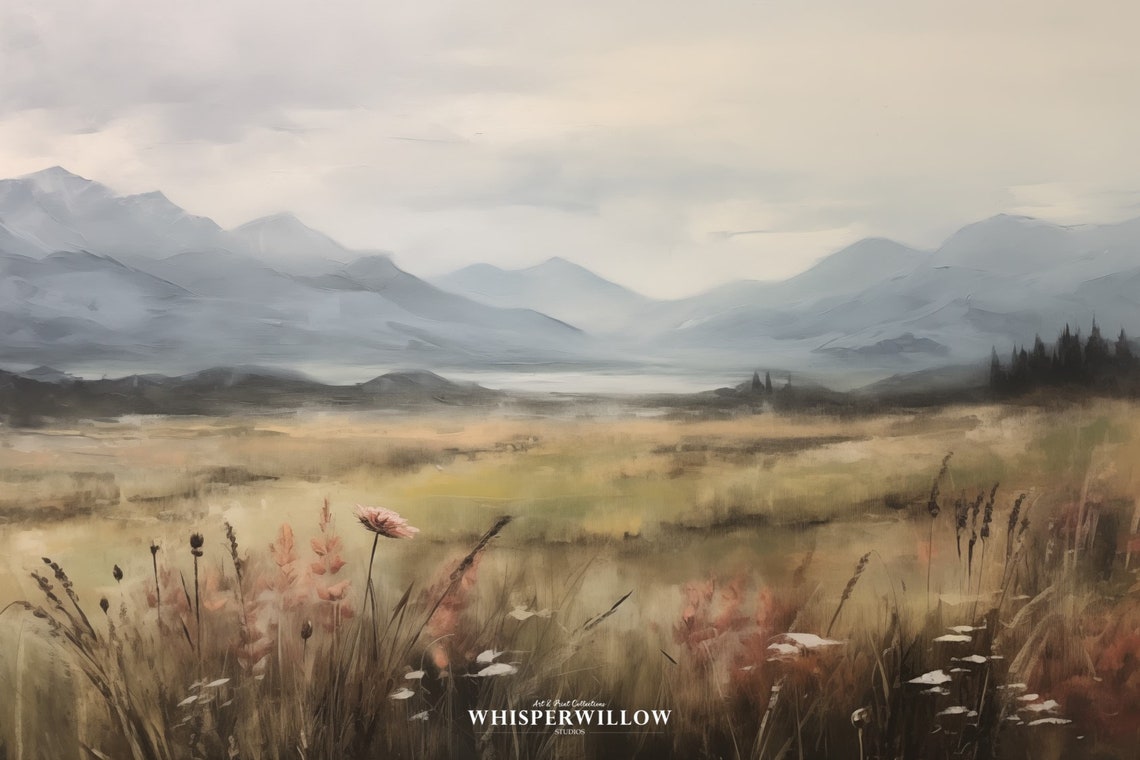 Misty Mountain Valley at Dawn Soft Grasses Vintage Landscape Poster - Image 6