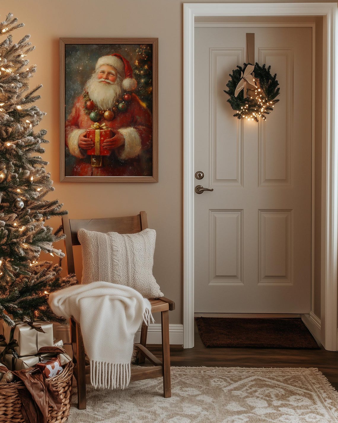 Jolly Santa Claus Holding Gift Vintage Style Christmas Painting Poster - Image 2